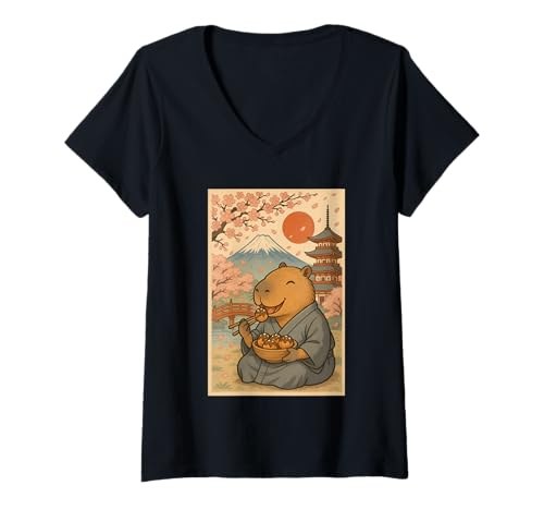 Damen Capybara trägt Kimono Essen Takoyaki Fuji Kirschblüten T-Shirt mit V-Ausschnitt Damen Capybara trägt Kimono Essen Takoyaki Fuji Kirschblüten T-Shirt mit V-Ausschnitt von Funny Capybara Eating Tokoyaki Japanese Aesthetic