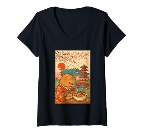 Damen Capybara trägt Kimono Essen Takoyaki Sakura Mt Fuji Japan T-Shirt mit V-Ausschnitt Damen Capybara trägt Kimono Essen Takoyaki Sakura Mt Fuji Japan T-Shirt mit V-Ausschnitt von Funny Capybara Eating Tokoyaki Japanese Aesthetic