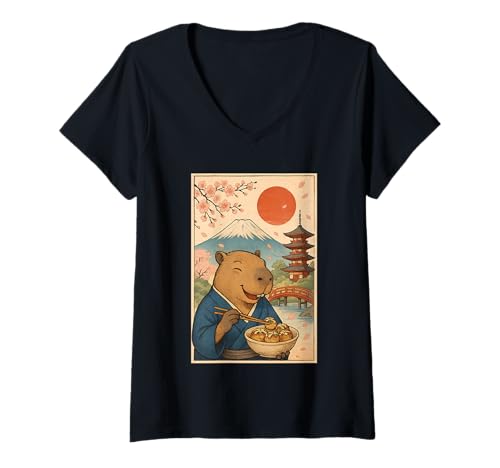 Damen Capybara trägt einen Kimono isst Takoyaki Sakura Mount Fuji T-Shirt mit V-Ausschnitt Damen Capybara trägt einen Kimono isst Takoyaki Sakura Mount Fuji T-Shirt mit V-Ausschnitt von Funny Capybara Eating Tokoyaki Japanese Aesthetic