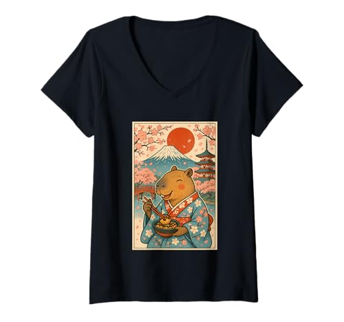 Damen Japanische Capybara Essen Takoyaki Sakura Fuji Kirschblüte T-Shirt mit V-Ausschnitt Damen Japanische Capybara Essen Takoyaki Sakura Fuji Kirschblüte T-Shirt mit V-Ausschnitt von Funny Capybara Eating Tokoyaki Japanese Aesthetic