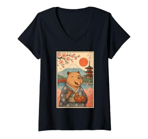 Damen Japanischer Capybara Essen Takoyaki Kimono Sakura Mount Fuji T-Shirt mit V-Ausschnitt Damen Japanischer Capybara Essen Takoyaki Kimono Sakura Mount Fuji T-Shirt mit V-Ausschnitt von Funny Capybara Eating Tokoyaki Japanese Aesthetic