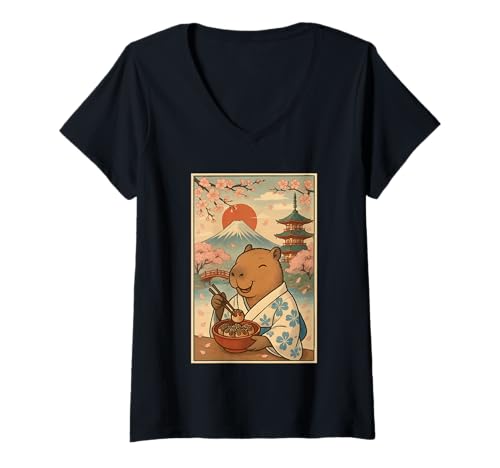 Damen Japanischer Capybara Essender Takoyaki Kimono Fuji Kirschblüte T-Shirt mit V-Ausschnitt Damen Japanischer Capybara Essender Takoyaki Kimono Fuji Kirschblüte T-Shirt mit V-Ausschnitt von Funny Capybara Eating Tokoyaki Japanese Aesthetic