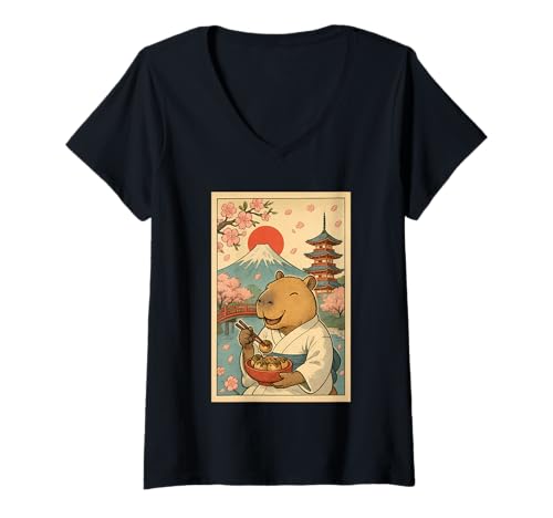 Damen Japanischer Capybara Essender Takoyaki Kimono Fuji Kirschblüte T-Shirt mit V-Ausschnitt Damen Japanischer Capybara Essender Takoyaki Kimono Fuji Kirschblüte T-Shirt mit V-Ausschnitt von Funny Capybara Eating Tokoyaki Japanese Aesthetic