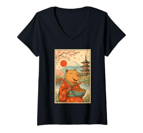 Damen Japanischer Capybara Essender Takoyaki Kimono Fuji Kirschblüte T-Shirt mit V-Ausschnitt Damen Japanischer Capybara Essender Takoyaki Kimono Fuji Kirschblüte T-Shirt mit V-Ausschnitt von Funny Capybara Eating Tokoyaki Japanese Aesthetic