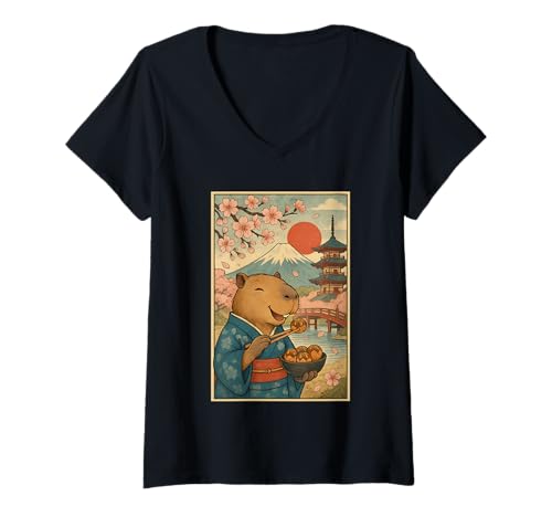 Damen Kawaii Capybara isst Tokoyaki-Nudeln mit Sakura und Fuji T-Shirt mit V-Ausschnitt Damen Kawaii Capybara isst Tokoyaki-Nudeln mit Sakura und Fuji T-Shirt mit V-Ausschnitt von Funny Capybara Eating Tokoyaki Japanese Aesthetic