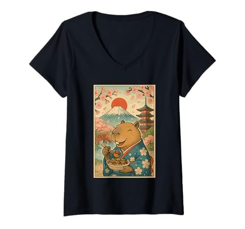 Damen Süße Capybara im Kimono isst Takoyaki Sakura Mt Fuji Japan T-Shirt mit V-Ausschnitt Damen Süße Capybara im Kimono isst Takoyaki Sakura Mt Fuji Japan T-Shirt mit V-Ausschnitt von Funny Capybara Eating Tokoyaki Japanese Aesthetic