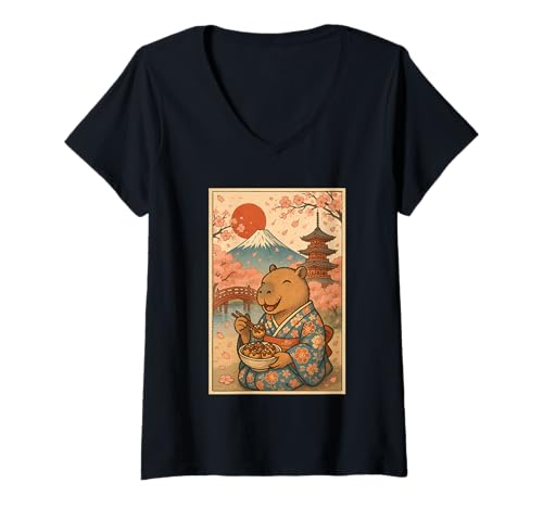 Damen Süße Capybara isst Takoyaki im Kimono Sakura Mt Fuji Japan T-Shirt mit V-Ausschnitt Damen Süße Capybara isst Takoyaki im Kimono Sakura Mt Fuji Japan T-Shirt mit V-Ausschnitt von Funny Capybara Eating Tokoyaki Japanese Aesthetic