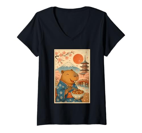 Damen Süße Capybara isst Takoyaki im Kimono Sakura Mt Fuji Japan T-Shirt mit V-Ausschnitt Damen Süße Capybara isst Takoyaki im Kimono Sakura Mt Fuji Japan T-Shirt mit V-Ausschnitt von Funny Capybara Eating Tokoyaki Japanese Aesthetic