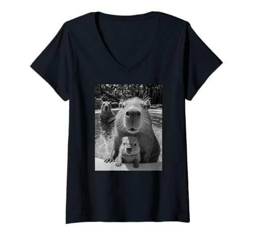 Damen Capybara Selfie AI Meme Witz Humor Sommer Urlaub Cool T-Shirt mit V-Ausschnitt Damen Capybara Selfie AI Meme Witz Humor Sommer Urlaub Cool T-Shirt mit V-Ausschnitt von Funny Capybara Family Vacation Tees & Gifts