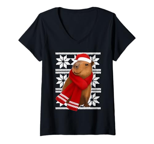 Damen Capybara Tierliebhaber für hässliche Weihnachtsfeiertage T-Shirt mit V-Ausschnitt Damen Capybara Tierliebhaber für hässliche Weihnachtsfeiertage T-Shirt mit V-Ausschnitt von Funny Capybara Festive Animal Designs