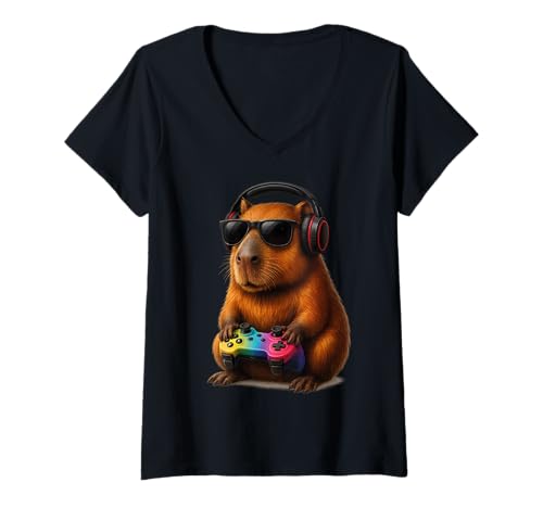 Damen Capybara Gamer Lustige Videospiele Capybara T-Shirt mit V-Ausschnitt Damen Capybara Gamer Lustige Videospiele Capybara T-Shirt mit V-Ausschnitt von Funny Capybara Gamers desdign