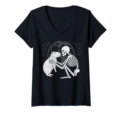 Damen Capybara Skelett Mond Halloween Tierliebhaber T-Shirt mit V-Ausschnitt Damen Capybara Skelett Mond Halloween Tierliebhaber T-Shirt mit V-Ausschnitt von Funny Capybara Gothic Animal Designs