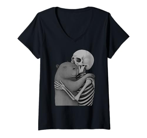 Damen Capybara Skelett Umarmung Halloween Tierliebhaber T-Shirt mit V-Ausschnitt Damen Capybara Skelett Umarmung Halloween Tierliebhaber T-Shirt mit V-Ausschnitt von Funny Capybara Gothic Animal Designs