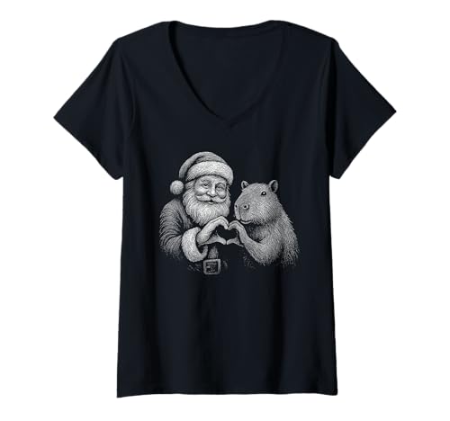 Damen Capybara Weihnachtsmann Herzform Weihnachten Tierliebhaber T-Shirt mit V-Ausschnitt Damen Capybara Weihnachtsmann Herzform Weihnachten Tierliebhaber T-Shirt mit V-Ausschnitt von Funny Capybara Holiday Animal Designs