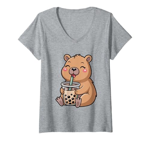 Damen Süße Kawaii Capybara Boba Trinken Boba Kawaii Bubble Tea T-Shirt mit V-Ausschnitt Damen Süße Kawaii Capybara Boba Trinken Boba Kawaii Bubble Tea T-Shirt mit V-Ausschnitt von Funny Capybara Kawaii Bear Boba Tea Lover Apparel