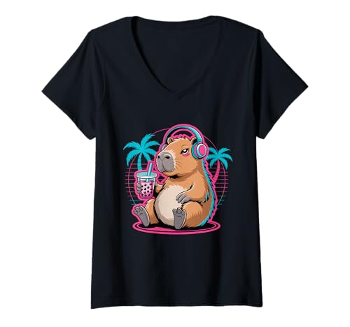 Damen Süße Kawaii Capybara Boba Trinken Boba Kawaii Bubble Tea T-Shirt mit V-Ausschnitt Damen Süße Kawaii Capybara Boba Trinken Boba Kawaii Bubble Tea T-Shirt mit V-Ausschnitt von Funny Capybara Kawaii Bear Boba Tea Lover Apparel