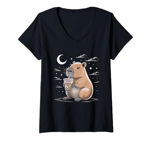 Damen Süße Kawaii Capybara Boba Trinken Boba Kawaii Bubble Tea T-Shirt mit V-Ausschnitt Damen Süße Kawaii Capybara Boba Trinken Boba Kawaii Bubble Tea T-Shirt mit V-Ausschnitt von Funny Capybara Kawaii Bear Boba Tea Lover Apparel