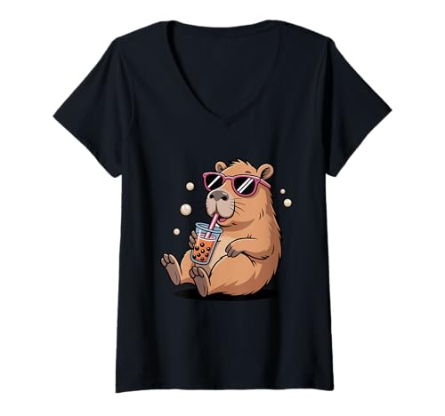Damen Süße Kawaii Capybara Boba Trinken Boba Kawaii Bubble Tea T-Shirt mit V-Ausschnitt Damen Süße Kawaii Capybara Boba Trinken Boba Kawaii Bubble Tea T-Shirt mit V-Ausschnitt von Funny Capybara Kawaii Bear Boba Tea Lover Apparel