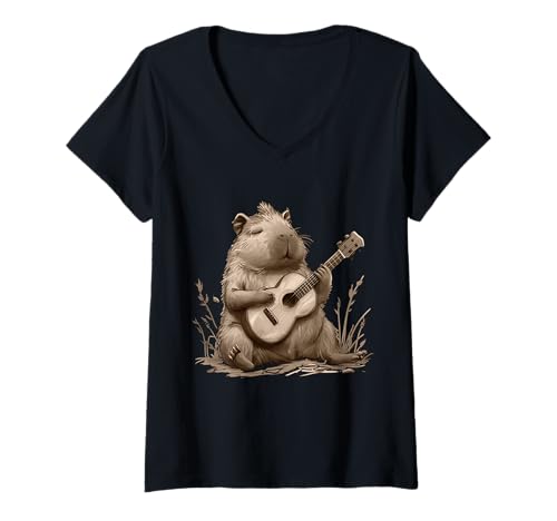Damen Capybara Spielende Ukulele & Cute Gaming Video Gamer Capybara T-Shirt mit V-Ausschnitt Damen Capybara Spielende Ukulele & Cute Gaming Video Gamer Capybara T-Shirt mit V-Ausschnitt von Funny Capybara Playing Ukulele
