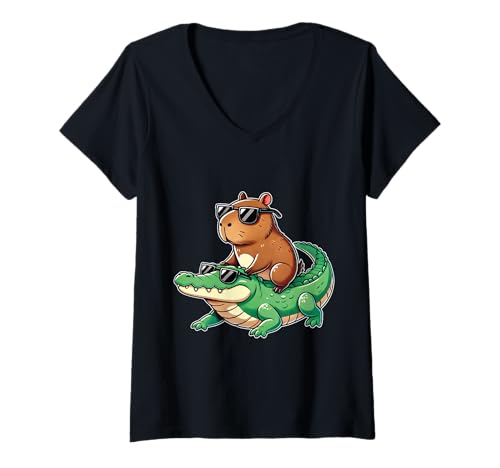 Damen Lustige Capybara auf Krokodil coole Sonnenbrille Meme Animal T-Shirt mit V-Ausschnitt Damen Lustige Capybara auf Krokodil coole Sonnenbrille Meme Animal T-Shirt mit V-Ausschnitt von Funny Capybara Riding Crocodile Cool Alligator