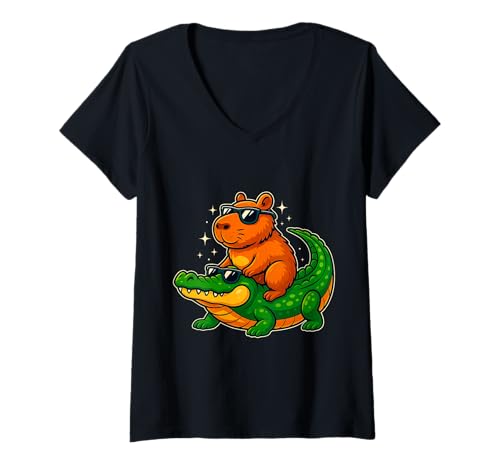 Damen Lustige Capybara auf Krokodil coole Sonnenbrille Animal Meme T-Shirt mit V-Ausschnitt Damen Lustige Capybara auf Krokodil coole Sonnenbrille Animal Meme T-Shirt mit V-Ausschnitt von Funny Capybara Riding Crocodile Cute Alligator
