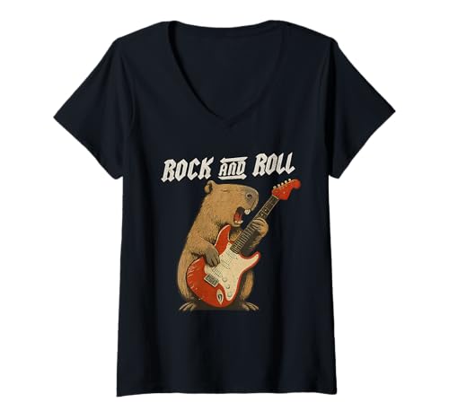 Damen Capybara Spielende Gitarre Rock and Roll Tierliebhaber T-Shirt mit V-Ausschnitt Damen Capybara Spielende Gitarre Rock and Roll Tierliebhaber T-Shirt mit V-Ausschnitt von Funny Capybara Rock Music Animal Designs