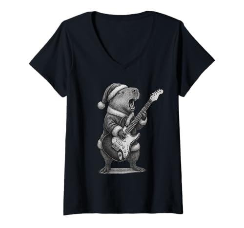 Damen Capybara Spielende Gitarre Weihnachten Tierliebhaber T-Shirt mit V-Ausschnitt Damen Capybara Spielende Gitarre Weihnachten Tierliebhaber T-Shirt mit V-Ausschnitt von Funny Capybara Rock Music Animal Designs