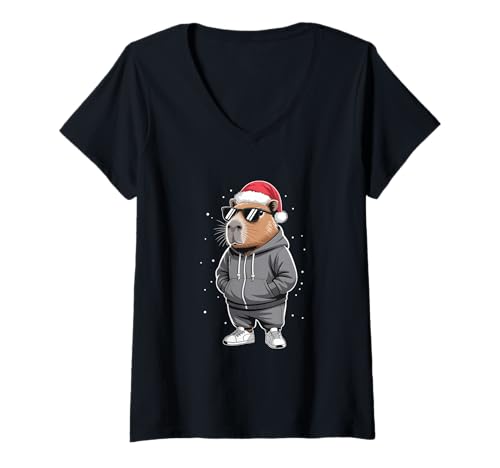 Damen Capybara in Sonnenbrille Cool Christmas T-Shirt mit V-Ausschnitt Damen Capybara in Sonnenbrille Cool Christmas T-Shirt mit V-Ausschnitt von Funny Capybara Santa Hat Clo