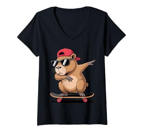 Damen Skateboard Capybara Dabbing Jungen Herren Spaß Capy Liebhaber Kinder T-Shirt mit V-Ausschnitt Damen Skateboard Capybara Dabbing Jungen Herren Spaß Capy Liebhaber Kinder T-Shirt mit V-Ausschnitt von Funny Capybara Skateboard Toddler Idea Capybara