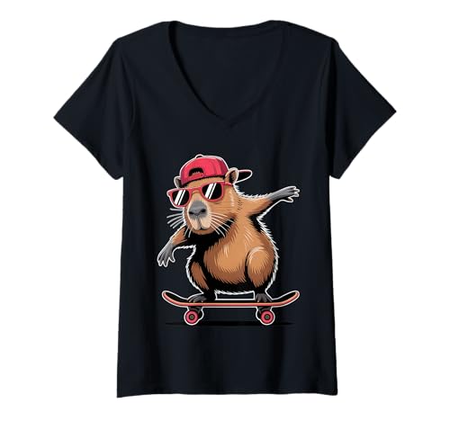 Damen Skateboard Capybara Skater Jungen Herren Spaß Capy Liebhaber Kinder T-Shirt mit V-Ausschnitt Damen Skateboard Capybara Skater Jungen Herren Spaß Capy Liebhaber Kinder T-Shirt mit V-Ausschnitt von Funny Capybara Skateboard Toddler Idea Capybara