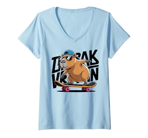 Damen Skateboard Capybara Skater Jungen Herren Spaß Capy Liebhaber Kinder T-Shirt mit V-Ausschnitt Damen Skateboard Capybara Skater Jungen Herren Spaß Capy Liebhaber Kinder T-Shirt mit V-Ausschnitt von Funny Capybara Skateboard Toddler Idea Capybara