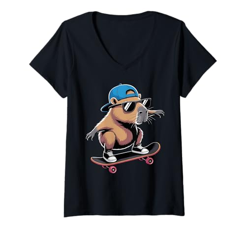 Damen Skateboard Capybara Skater Jungen Herren Spaß Capy Liebhaber Kinder T-Shirt mit V-Ausschnitt von Funny Capybara Skateboard Toddler Idea Capybara