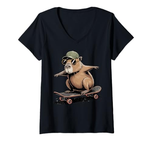 Damen Vintage Skateboard Capybara Skater Jungen Herren Fun Capy Lover T-Shirt mit V-Ausschnitt Damen Vintage Skateboard Capybara Skater Jungen Herren Fun Capy Lover T-Shirt mit V-Ausschnitt von Funny Capybara Skateboard Toddler Idea Capybara