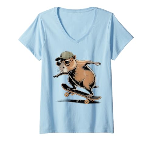 Damen Vintage Skateboard Capybara Skater Jungen Herren Fun Capy Lover T-Shirt mit V-Ausschnitt Damen Vintage Skateboard Capybara Skater Jungen Herren Fun Capy Lover T-Shirt mit V-Ausschnitt von Funny Capybara Skateboard Toddler Idea Capybara