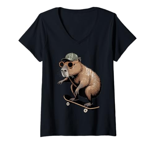 Damen Vintage Skateboard Capybara Skater Jungen Herren Fun Capy Lover T-Shirt mit V-Ausschnitt Damen Vintage Skateboard Capybara Skater Jungen Herren Fun Capy Lover T-Shirt mit V-Ausschnitt von Funny Capybara Skateboard Toddler Idea Capybara