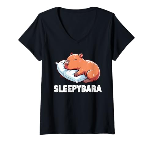 Damen Sleepybara Lustiges Capybara Sleeping T-Shirt mit V-Ausschnitt Damen Sleepybara Lustiges Capybara Sleeping T-Shirt mit V-Ausschnitt von Funny Capybara Sleeping Graphic