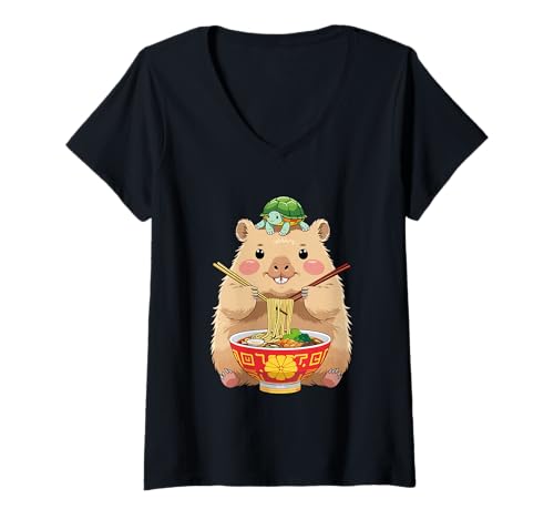 Damen Süße Kawaii Capybara Essnudeln mit Schildkröte auf dem Kopf T-Shirt mit V-Ausschnitt Damen Süße Kawaii Capybara Essnudeln mit Schildkröte auf dem Kopf T-Shirt mit V-Ausschnitt von Funny Capybara Turtle Ramen Lovers Design Apparel