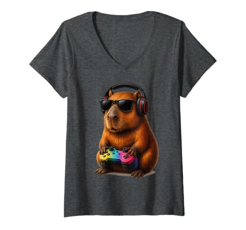 Damen Capybara Gamer Lustige Videospiele Capybara T-Shirt mit V-Ausschnitt Damen Capybara Gamer Lustige Videospiele Capybara T-Shirt mit V-Ausschnitt von Funny Capybara Video Games design