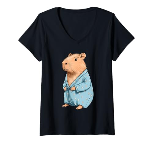 Damen Funny Capybara Wearing Pajamas T-Shirt mit V-Ausschnitt Damen Funny Capybara Wearing Pajamas T-Shirt mit V-Ausschnitt von Funny Capybara Wearing Pajamas Apparel