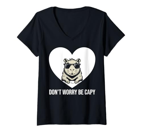 Damen Capybara Don't Worry Be Capy Lover Herz Grafik #25D38 T-Shirt mit V-Ausschnitt von Funny Capybara for Animal Lover Men Women Kids