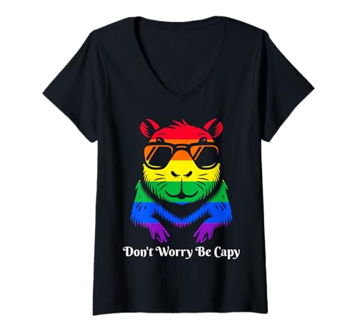 Damen Capybara Don't Worry Be Capy Lovers LGBTQ Pride Flagge #25D3F T-Shirt mit V-Ausschnitt Damen Capybara Don't Worry Be Capy Lovers LGBTQ Pride Flagge #25D3F T-Shirt mit V-Ausschnitt von Funny Capybara for Animal Lover Men Women Kids
