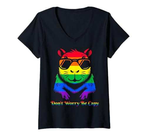 Damen Capybara Don't Worry Be Capy Lovers LGBTQ Pride Flagge #25D40 T-Shirt mit V-Ausschnitt von Funny Capybara for Animal Lover Men Women Kids
