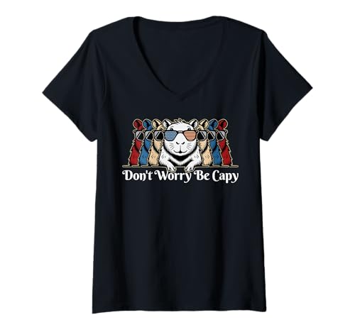 Damen Capybara Don't Worry Be Capy Lovers Vintage 4. Juli #25D46 T-Shirt mit V-Ausschnitt von Funny Capybara for Animal Lover Men Women Kids