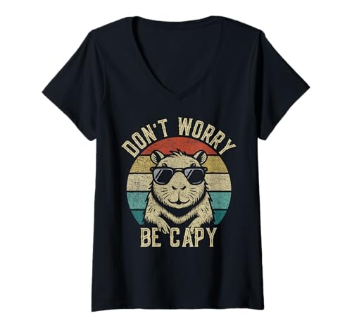 Damen Capybara Don't Worry Be Capy Lovers Vintage Sunset #25D42 T-Shirt mit V-Ausschnitt von Funny Capybara for Animal Lover Men Women Kids