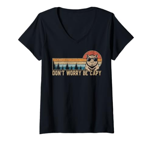Damen Capybara Don't Worry Be Capy Lovers Vintage Sunset #25D4A T-Shirt mit V-Ausschnitt von Funny Capybara for Animal Lover Men Women Kids