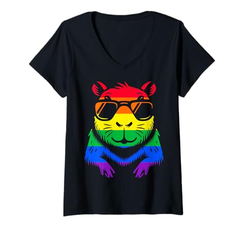 Damen Capybara Lover LGBTQ Pride Flag Regenbogen-Trans-Grafik #25D28 T-Shirt mit V-Ausschnitt Damen Capybara Lover LGBTQ Pride Flag Regenbogen-Trans-Grafik #25D28 T-Shirt mit V-Ausschnitt von Funny Capybara for Animal Lover Men Women Kids