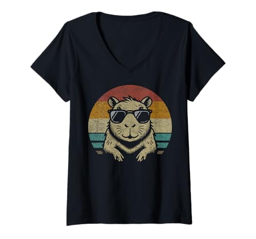 Damen Capybara Lover T-Shirt im Vintage-Look mit Sonnenuntergangsmotiv #25D2A T-Shirt mit V-Ausschnitt von Funny Capybara for Animal Lover Men Women Kids