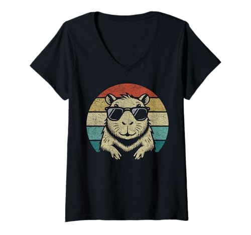 Damen Capybara Lover T-Shirt im Vintage-Look mit Sonnenuntergangsmotiv #25D2B T-Shirt mit V-Ausschnitt von Funny Capybara for Animal Lover Men Women Kids