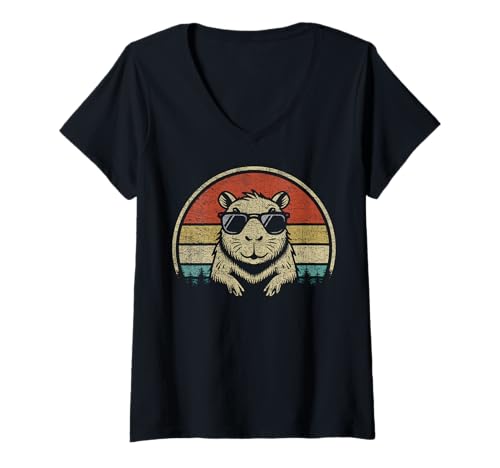 Damen Capybara Lover T-Shirt im Vintage-Look mit Sonnenuntergangsmotiv #25D2C T-Shirt mit V-Ausschnitt von Funny Capybara for Animal Lover Men Women Kids