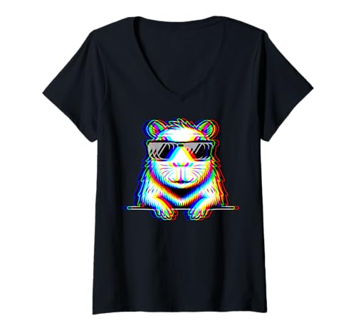 Damen Capybara Lover Trippy EDM Rave Illusion Capy Grafik #25D35 T-Shirt mit V-Ausschnitt von Funny Capybara for Animal Lover Men Women Kids